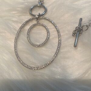 36” DKNY long silver chain with 3” double oval diamond look pendants